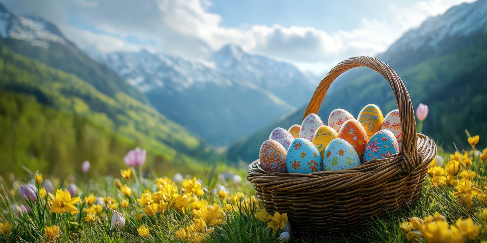 Colorful Easter eggs in a basket surrounded by vibrant spring flowers in a scenic mountain landscape